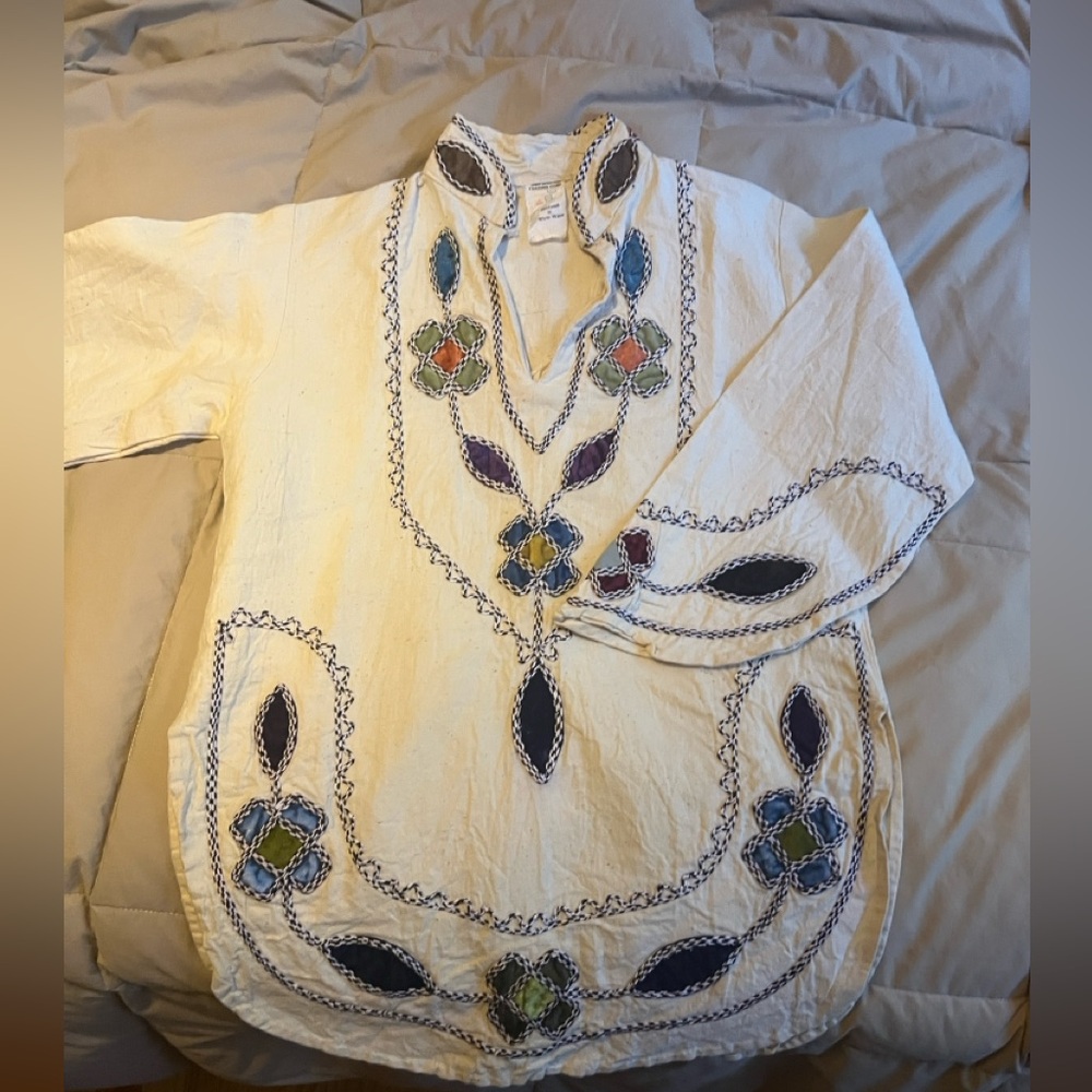 Vintage 70s Indian cotton and velvet bell sleeve tunic shirt